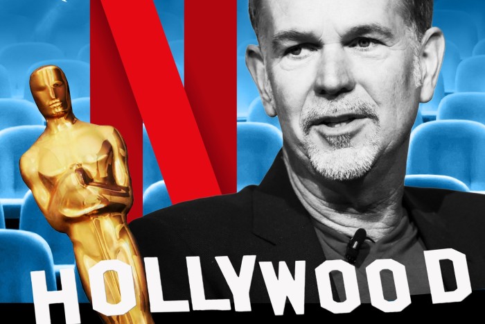 Composite image showing the Oscar statuette, the Netflix logo, Reed Hastings and the Hollywood sign