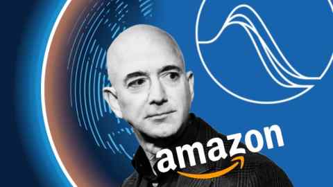 A montage of Jeff Bezos and the Amazon logo