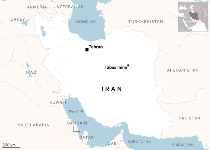 Map showing the location of Tabas mine in Iran