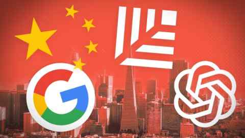 Montage of Google, Sequoia Capital and OpenAi logos over the San Francisco skyline and the Chinese flag