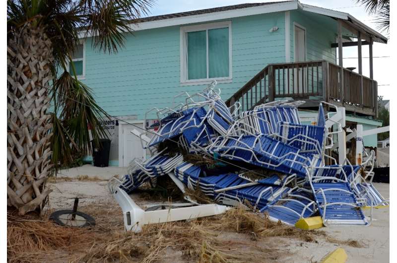 Beach chairs are piled up after Hurricane Helene hit Treasure Island with high surge waters