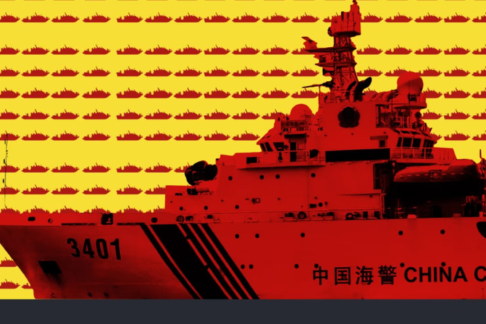 A montage of a Chinese coastguard ship against a background of much smaller ships