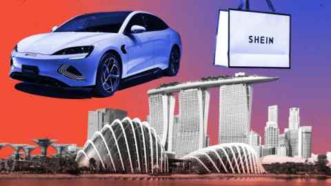 Montage of images of an electric car, a Shein shopping bag and the Singapore skyline