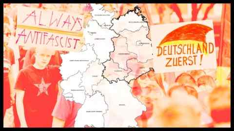 Montage of images: a map of Germany showing the areas in the east which voted AfD; antifacist demonstrators; and “Germany first” protestors