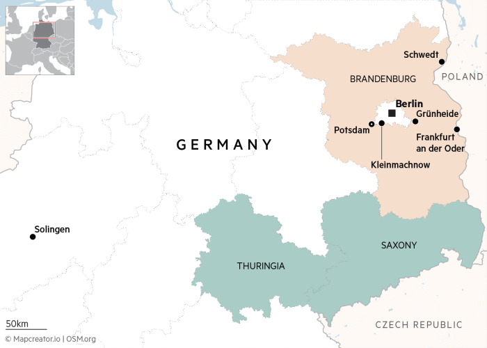 Map showing key cities in the state of Brandenburg in Germany and also marking the states of Thuringia and Saxony