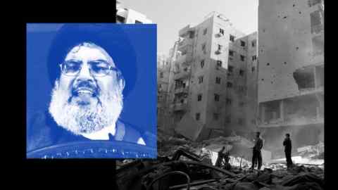 Combination image of Hizbollah leader Hassan Nasrallah and the site of his assassination in Beirut’s southern suburbs