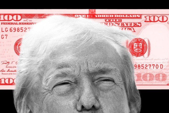 A montage showing the top of Donald Trump’s head in front of a huge, red $100 bill