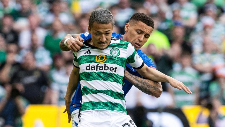 GLASGOW, SCOTLAND - MAY 11: Celtic's Daizen Maeda and Rangers' James Tavernier in action during a cinch Premiership match between Celtic and Rangers at Celtic Park, on May 11, 2024, in Glasgow, Scotland. (Photo by Alan Harvey / SNS Group)