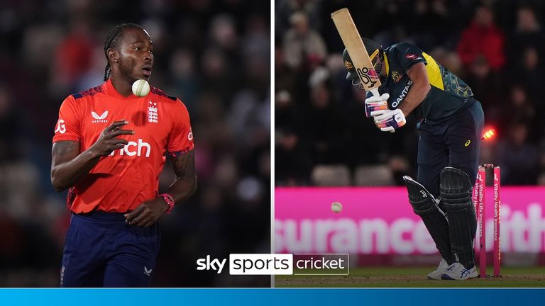 Jofra Archer took two wickets in two balls before Saqib Mahmood bowled Cameron Green at the start of the 19th over as England fought back against Australia in the first IT20.