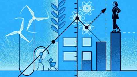 Illustration of a system of wind turbines, a person pushing a pram, several cogs, a bar and line chart, and Kamala Harris standing on the tallest bar in the chart