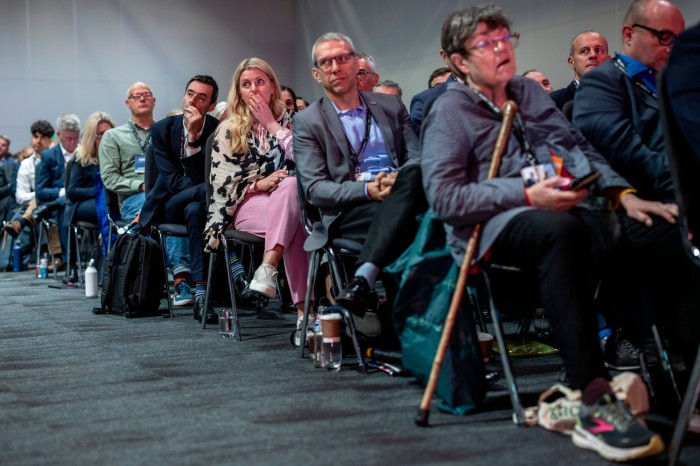 Delegates watch as Rachel Reeves speaks at Labour’s conference in Liverpool