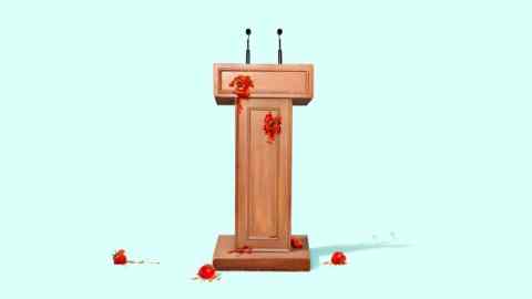 Illustration of a podium and microphones with squashed tomatoes sliding down the podium and on the floor around it