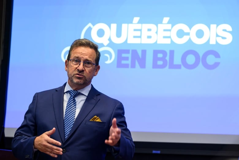 Bloc Québécois Leader Yves-Francois Blanchet speaks during a meeting of his caucus in the parliamentary precinct in Ottawa, on Wednesday, Sept. 18, 2024.