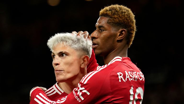 Manchester United's Marcus Rashford celebrates with Alejandro Garnacho