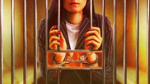 A Ewan White illustration of a woman in handcuffs holding the bars of her prison cell — with an envelope-sized opening in the bars