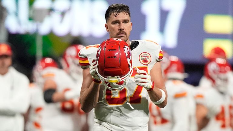 Kansas City Chiefs tight end Travis Kelce (87) walks off the field after an NFL football game against the Atlanta Falcons, Sunday, Sept. 22, 2024, in Atlanta.