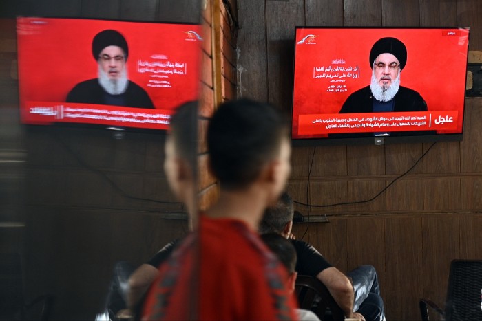 Hizbollah leader Hassan Nasrallah makes a TV address