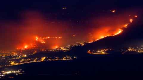 Fires burn as a result of rockets launched from Lebanon into northern Israel, next to the city of Kiryat Shmona near the Lebanon border, on June 3 2024