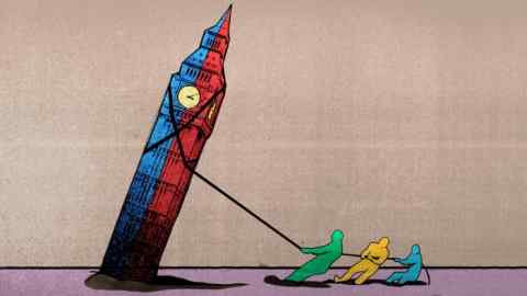 Three people - one green one yellow and one blue - pull on a rope that is tied around Big Ben, which is coloured in blue and red and leans towards the ground