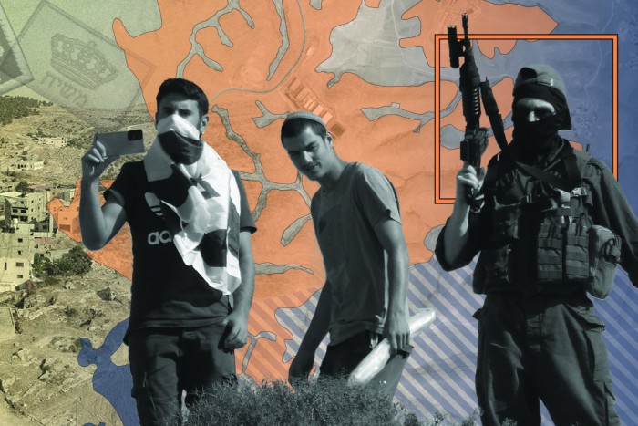 A composite image of settlers overlaid on a map of the West Bank