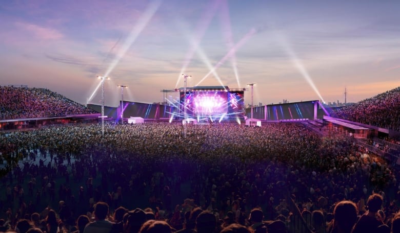 An artist's rendering of the stage at Rogers Stadium, a temporary concert venue in north Toronto that Live Nation says will be open by summer 2025.