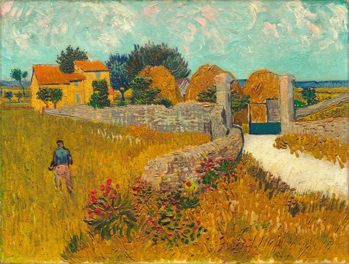 A late 19th-century painting by Vincent Van Gogh showing a farmhouse, lane and fields 