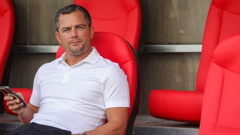 Marcel Schäfer sporting director of RB Leipzig gestures during the DFB-Pokal match between Rot-Weiss Essen and Red Bull Leipzig at on August 17, 2024 in Essen, Germany. 