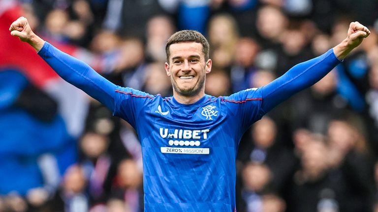 Rangers' Tom Lawrence celebrates after scoring to make it 1-0