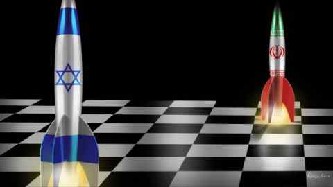 Illustration of two rockets, one with the Israeli flag and the other with the Iranian flag, on a chess board