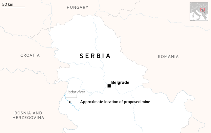 A map of Serbia, with the capital Belgrade, the Jadar river, and Jadar marked