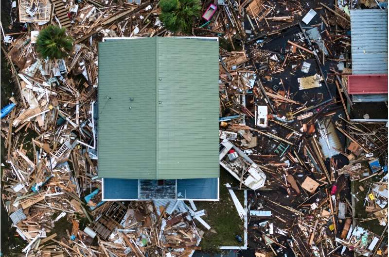 An aerial view shows damaged houses in Horseshoe Beach, Florida, on September 28, 2024 after the passage of Hurricane Helene