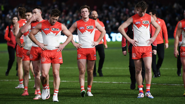 Sydney leave the ground after their round 21 loss to Port Adelaide at Adelaide Oval.