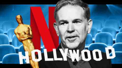 Montage photo showing Reed Hastings, the Netflix logo, an Oscar statue, Hollywood reference, and vacant seats of a movie house