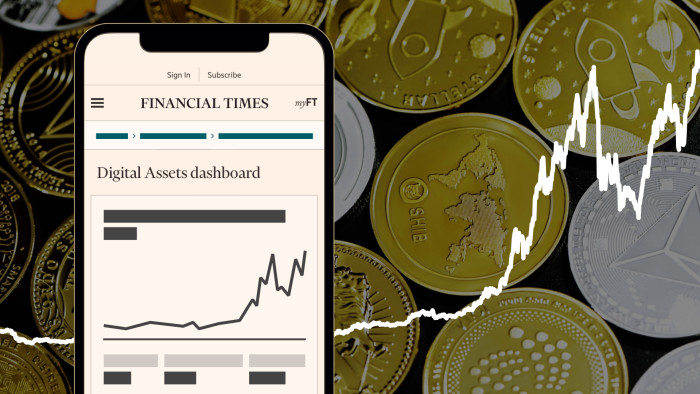 A montage showing the FT Digital Assets Dashboard on a mobile phone, crypto coins and a line graph 