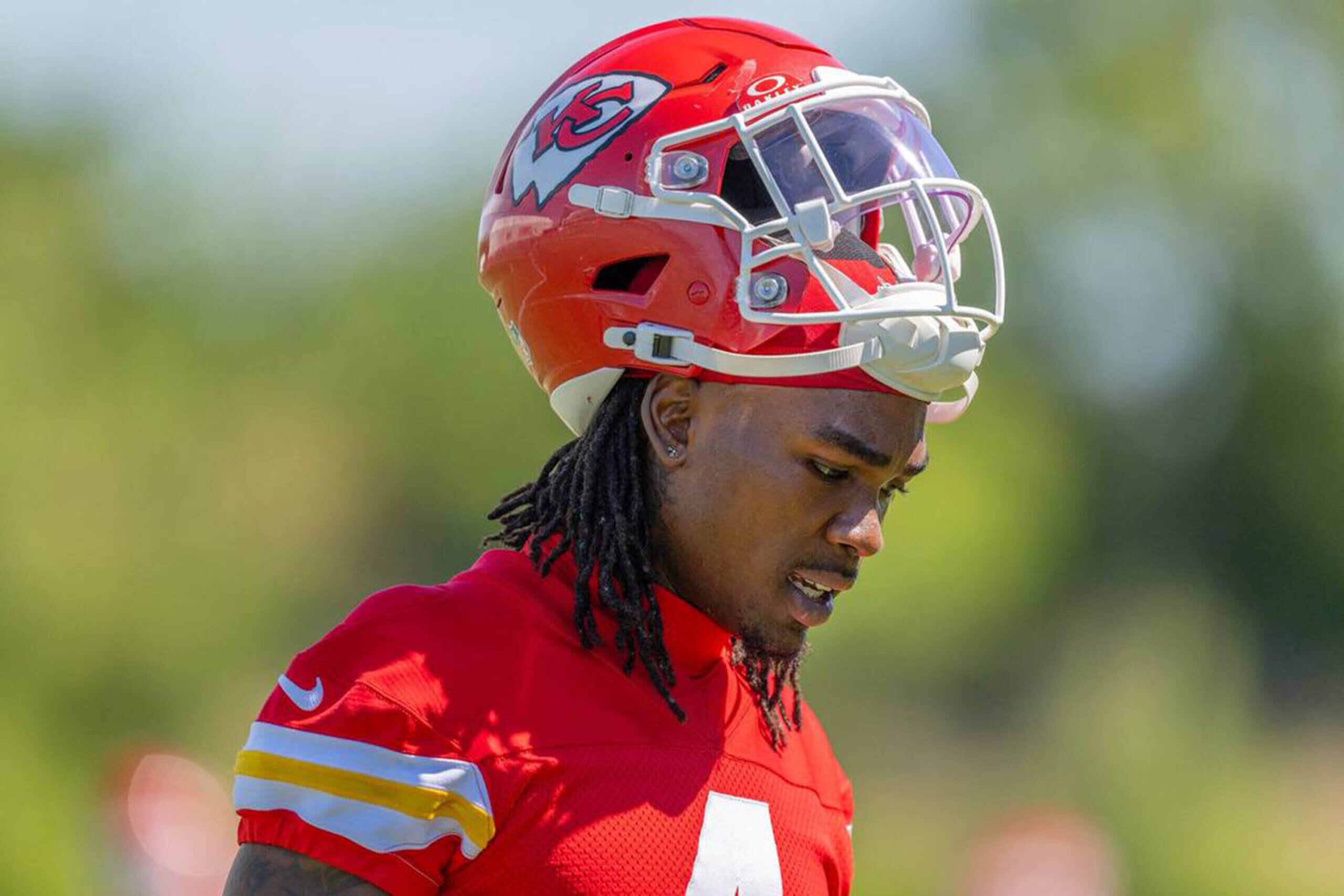 Kansas City Chiefs wide receiver Rashee Rice (4) attends the second day of mandatory mini-camp practice at the Chiefs training complex on Wednesday, June 12, 2024, in Kansas City.