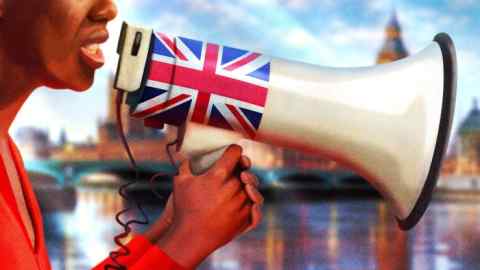 Ewan White illustration of a person talking through a megaphone with a sticker of the Union Jack on it.