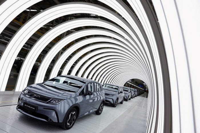 EV cars at a BYD factory in Thailand  