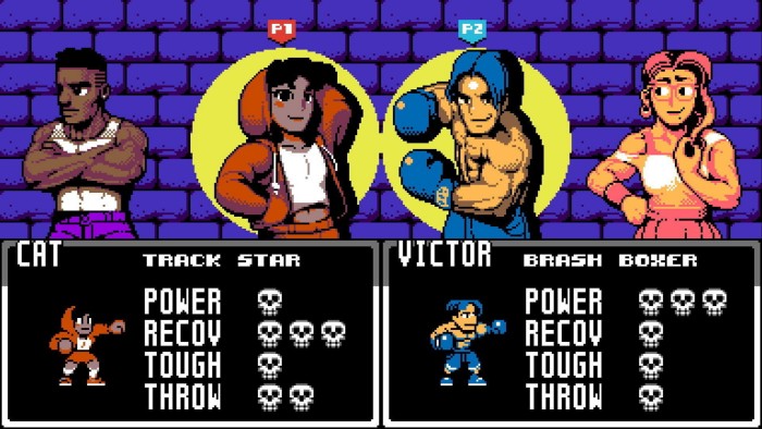 An image from a video game shows four characters dressed as fighters, two wearing boxing gloves, with statistics arranged below