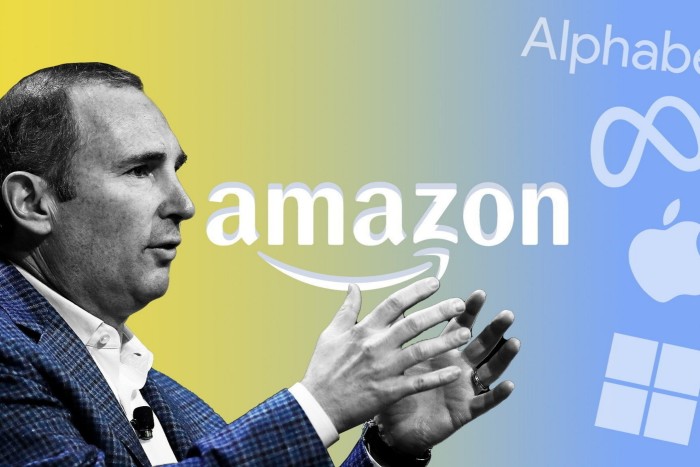 Montage of Andy Jassy with logos from Amazon, Alphabet, Meta, Apple and Microsoft 