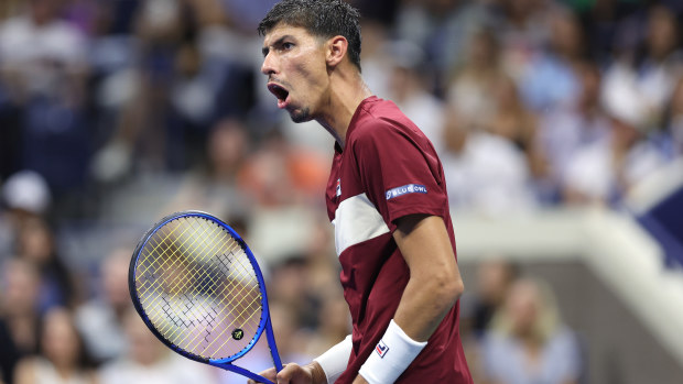 Alexei Popyrin of Australia reacts against Frances Tiafoe of the United States.