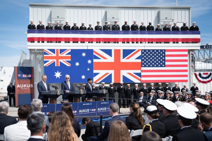 Prime Minister of Australia Anthony Albanese , US President Joe Biden and then UK leader Rishi Sunak unveil Aukus pact at San Diego naval base in the US in March 2023