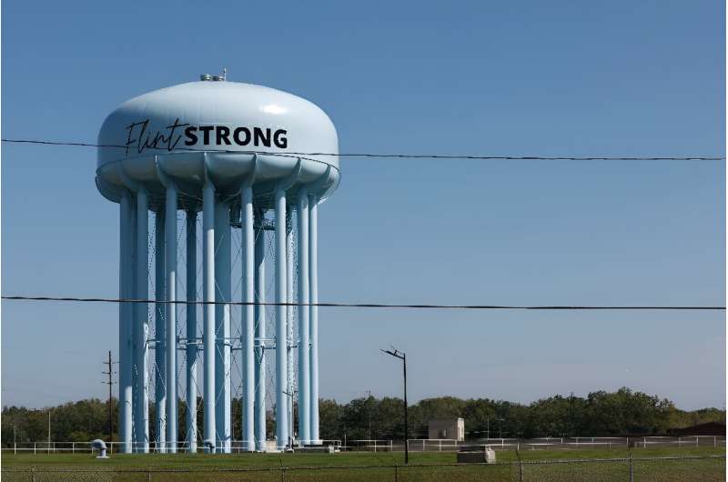 The water tower in the city of Flint, Michigan, where the 2014 water crisis lingers