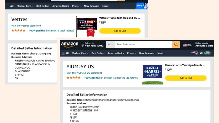 Screen grabs of Amazon sellers’ profiles