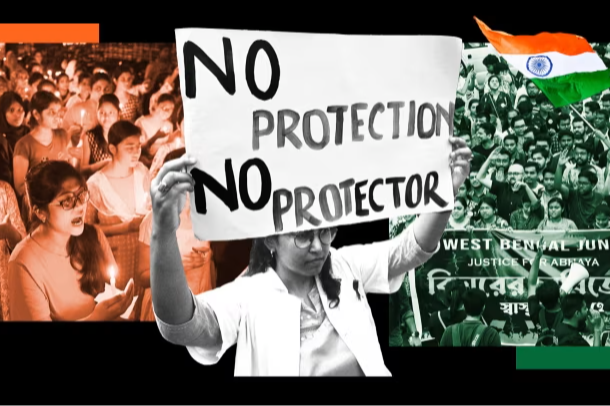 Montage showing a protester holding a sign that says ‘No Protection, No Protector’, and scenes of vigils and rallies in India