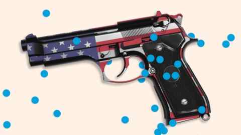 FT montage image of a handgun and blue dots