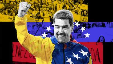 Montage of images of smiling Nicolas Maduro with raise fist against a backdrop of protesters and the colours of the Venezuelan flag