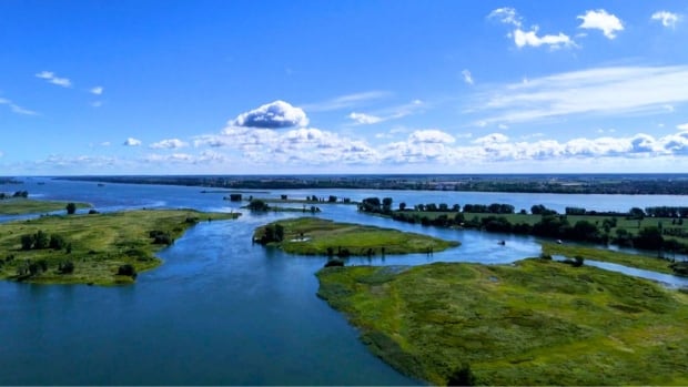 A drone image of several grass-covered islands in a bright blue river under a clouded sky.