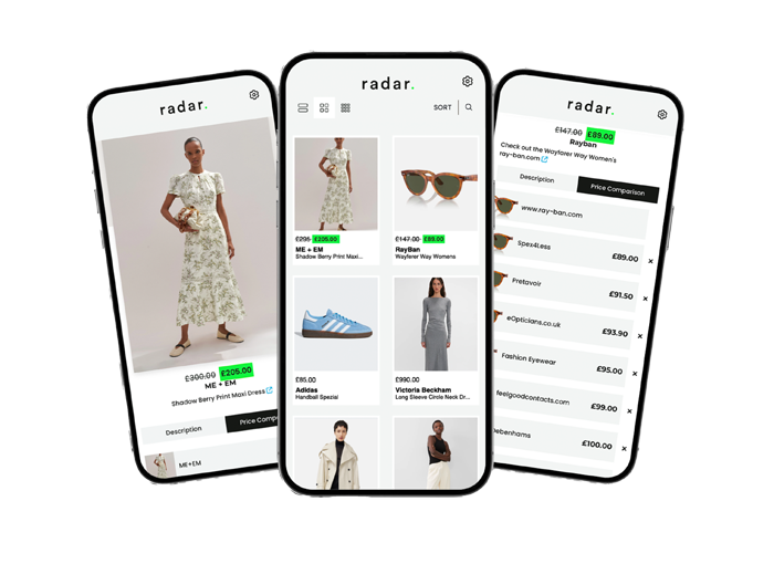 Three smartphones display fashion shopping pages