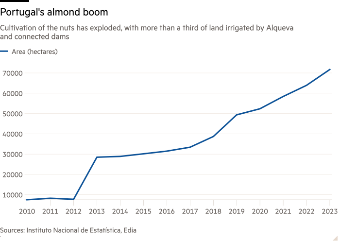 Line chart of Cultivation of the nuts has exploded, with more than a third of land irrigated by Alqueva and connected dams showing Portugal's almond boom