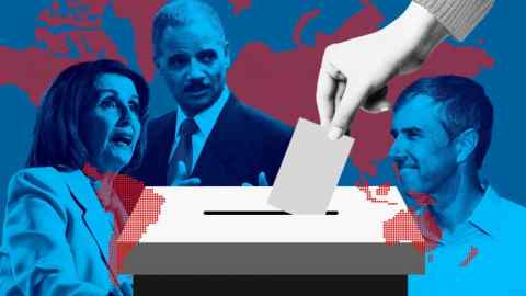 A montage of Nancy Pelosi, Eric Holder and Beto O’Rourke, a person putting their vote in a ballot box and a chart in the background